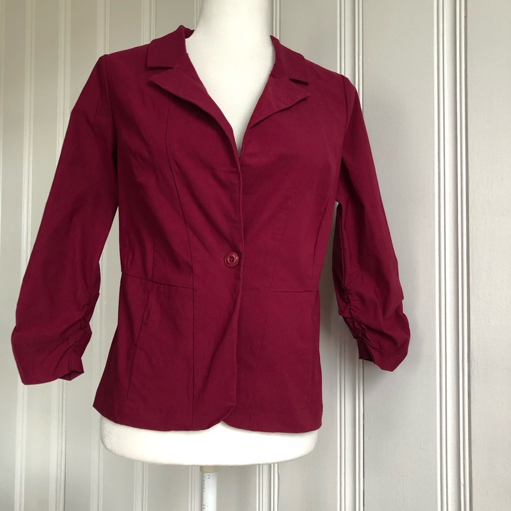 Wine colored stretch ruched sleeve blazer